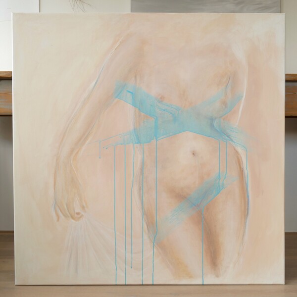 Jemnost, cenzurováno, 2021, akryl a pastel na plátně, 100 x 100 cm